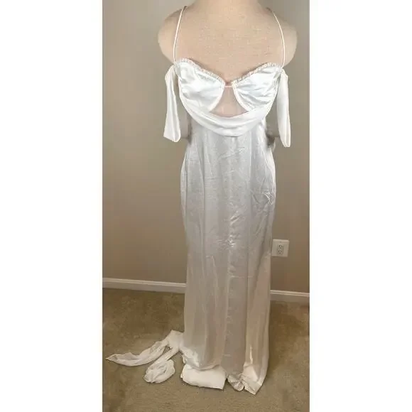 FOR LOVE & LEMONS Cora Cowl Neck Draped Off the Shoulder White Maxi Gown Size L - Picture 5 of 14
